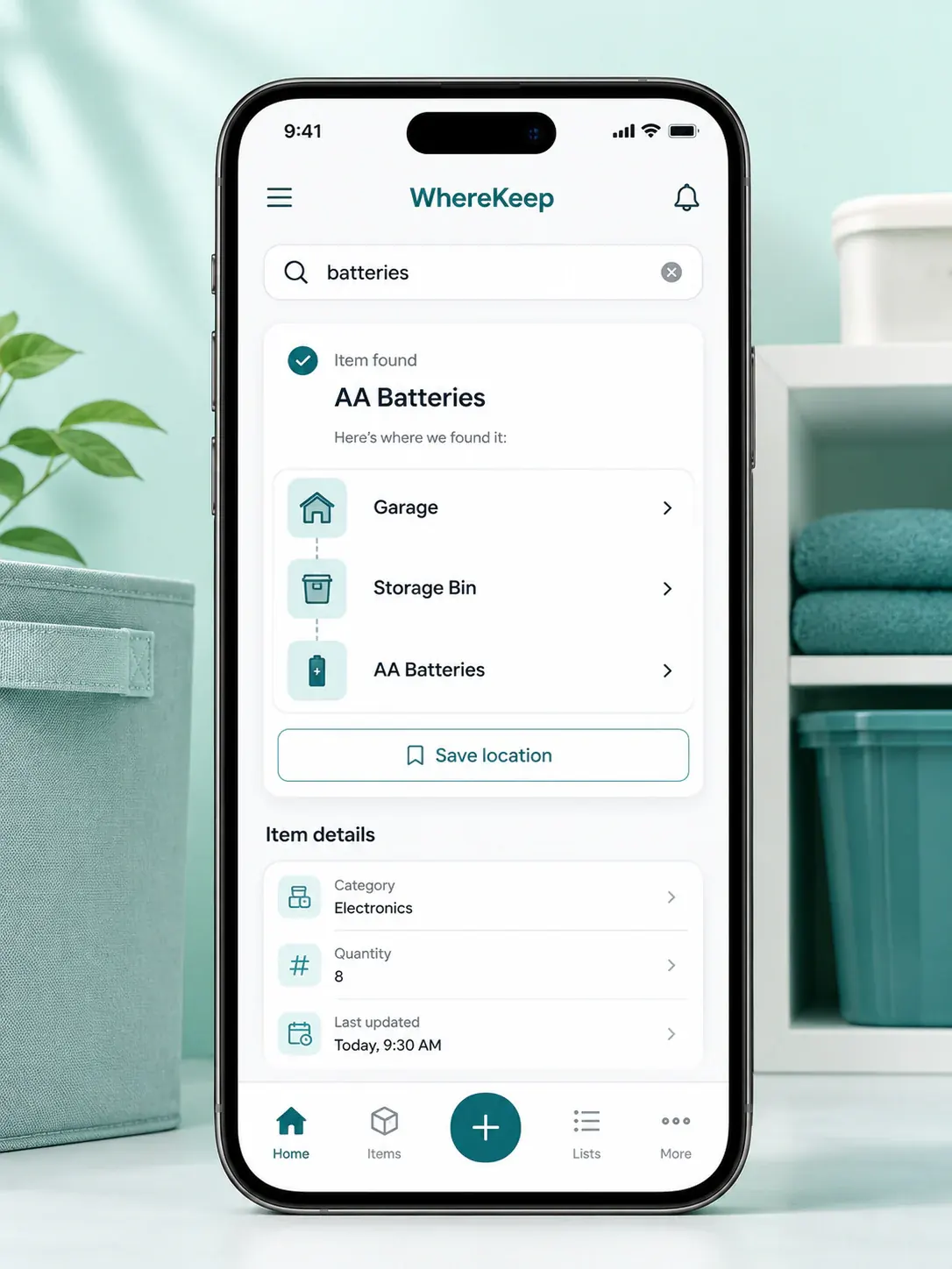 WhereKeep mobile app preview showing a batteries search